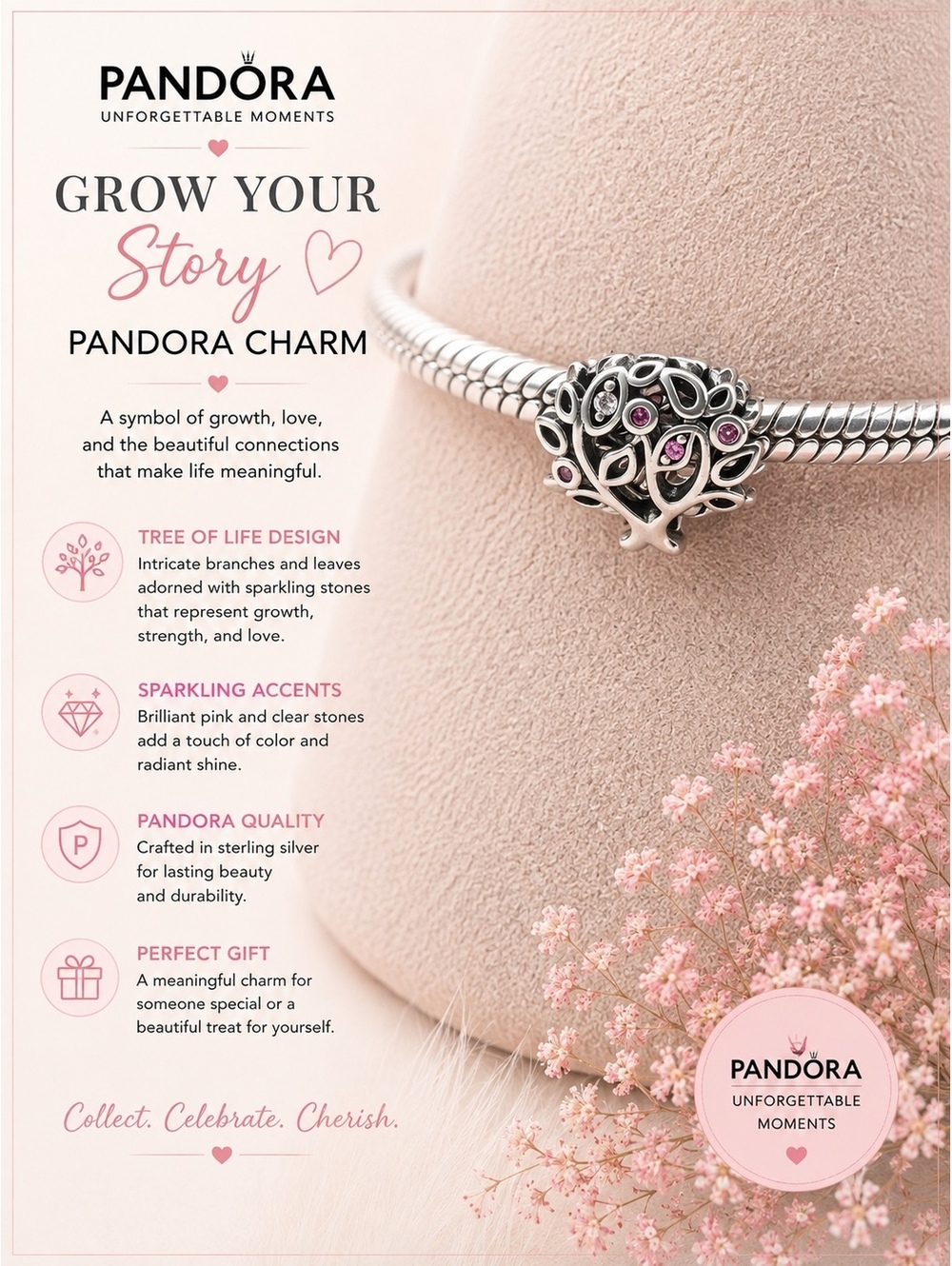 Pandora Tree of Life Sterling Silver Charm with Pink and Clear Stones